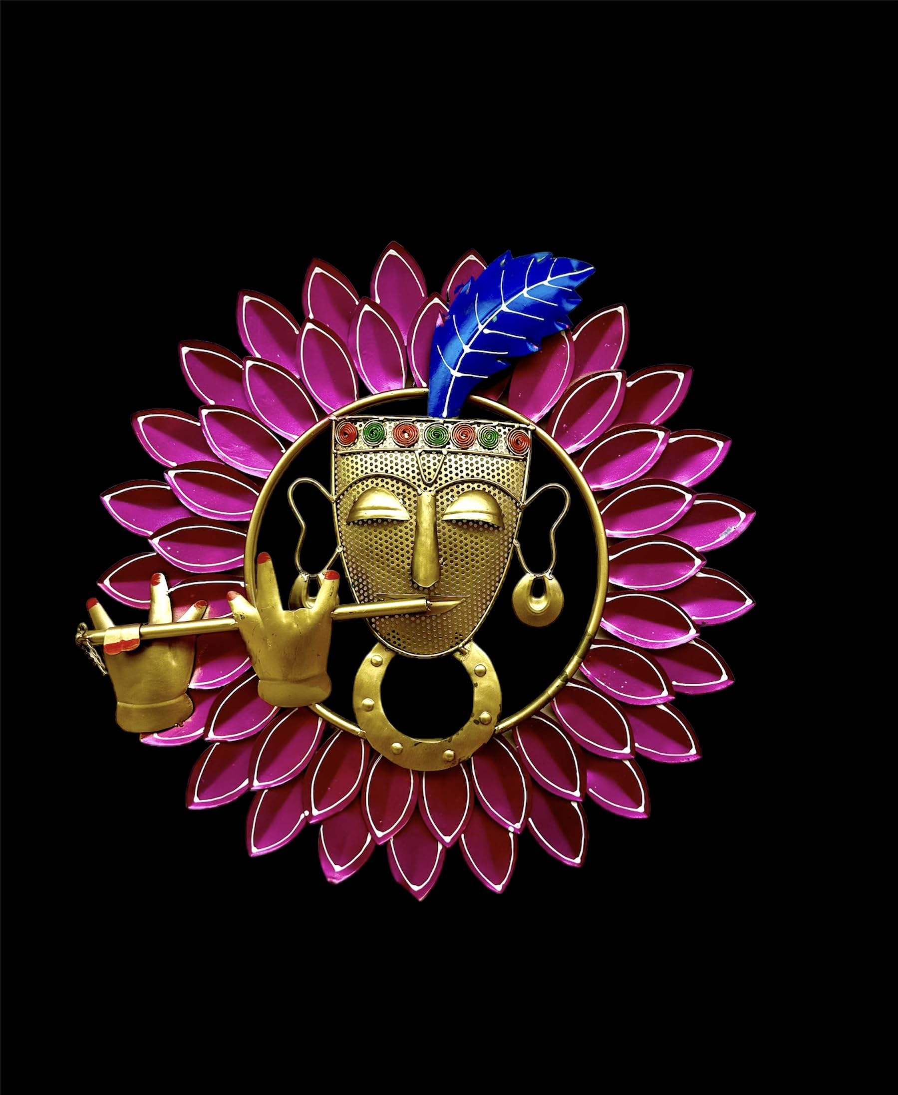 RSN Antique Metal Krishna Playing Basuri Wall Art Frame, Wall Hangings for Home Decoration, Scenery Showpiece Wall Sculpture for